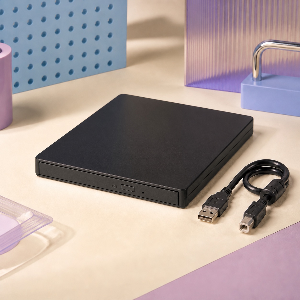 All-black external USB CD and DVD writer on a pastel retro-tech set
